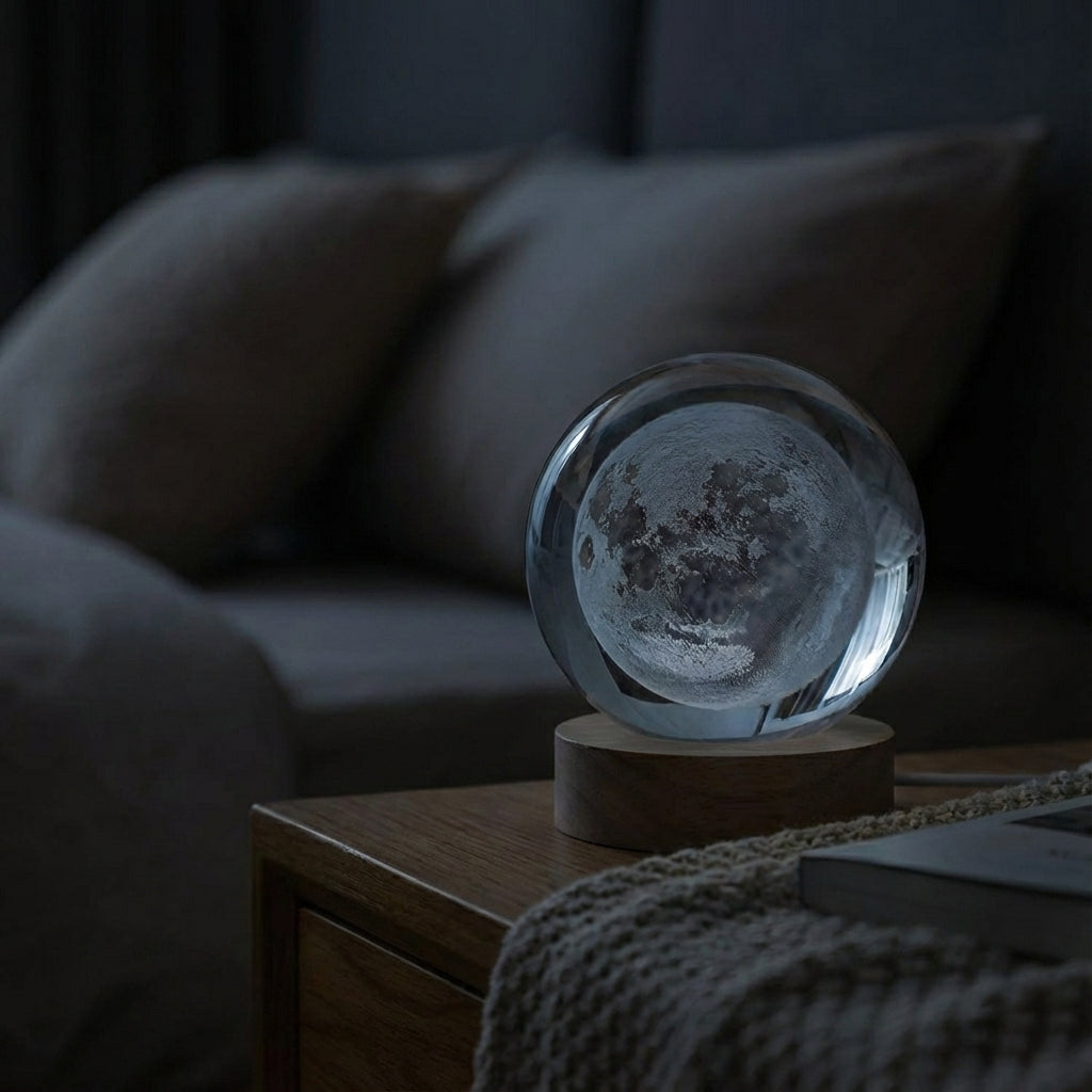 Glass moon orb on a wooden base in a dimly lit room with pillows and a blanket.