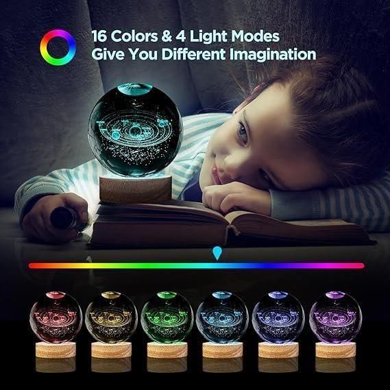Child looking at a glowing crystal ball with 16 color and 4 light mode options displayed.