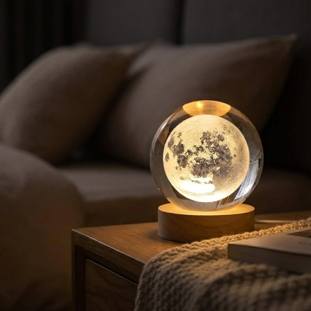 Moon lamp on a wooden base in a cozy room setting