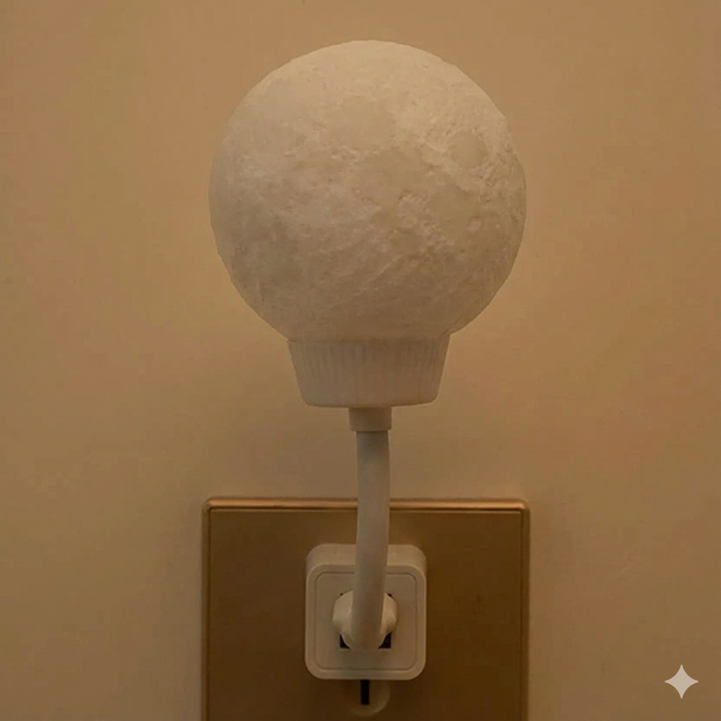 White textured night light attached to a wall socket on a beige wall.