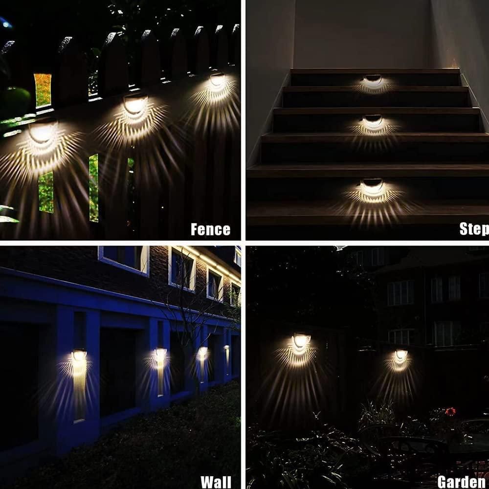 Collage of outdoor lighting fixtures in use on a fence, steps, wall, and garden.