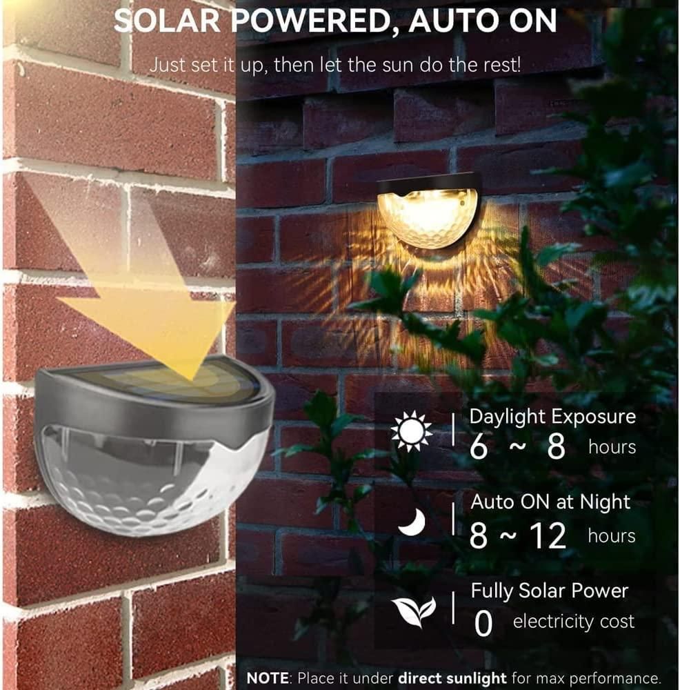 Solar-powered outdoor light fixture on a brick wall with text explaining its features.