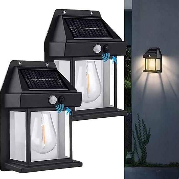 Solar-powered outdoor wall lights with motion sensor on a white background