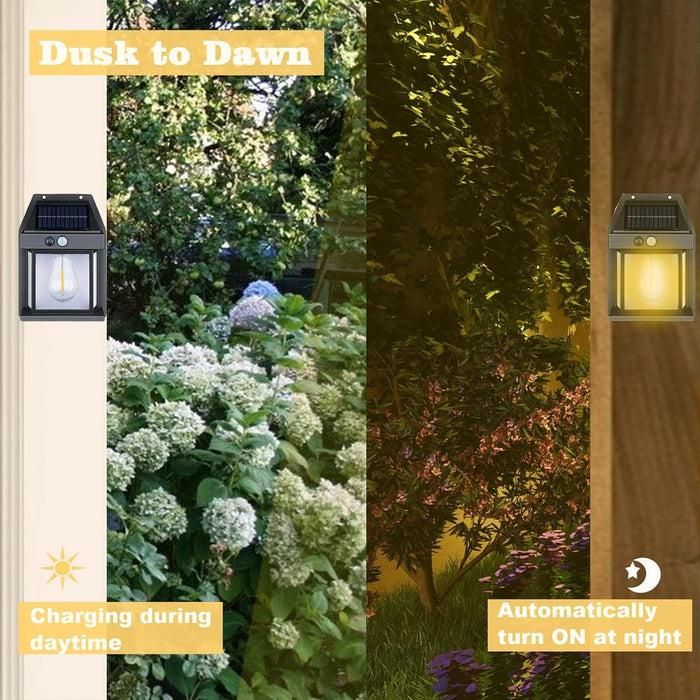 Solar light fixture demonstrating dusk to dawn functionality in a garden setting.