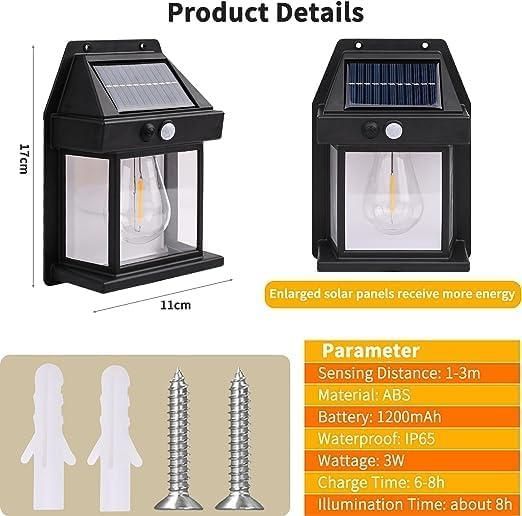 Solar-powered outdoor light fixture with specifications and dimensions on a white background