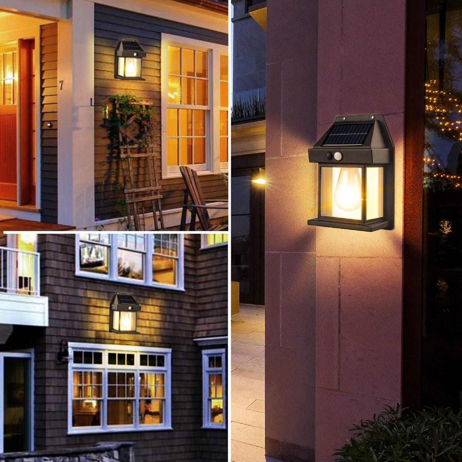 Solar-powered outdoor wall lights in various settings